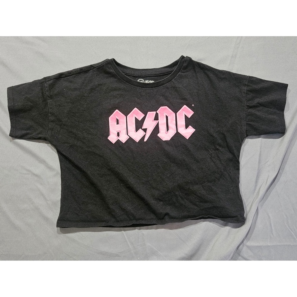 Wonder Nation AC/DC Graphic Tee Girls Size M 7-8 Black Pink Boxy Crop